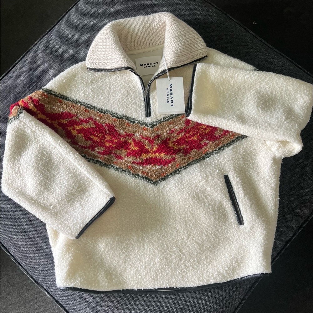 Isabel Marant Cream Sherpa Pullover with Red & Brown Chevron Detail